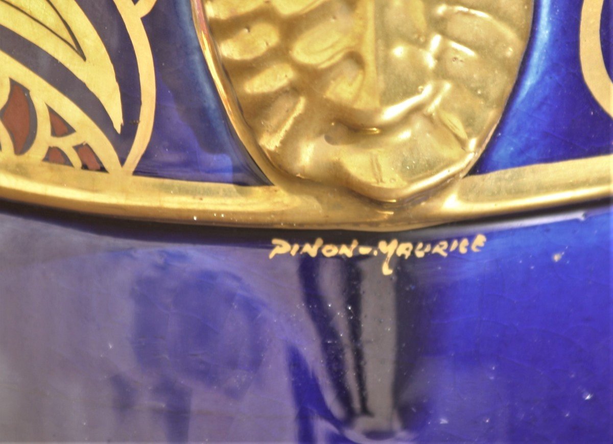 Art Deco Vase Signed Pinon Maurice Earthenware From Tours Blue Ceramic And Gold Sevres-photo-1