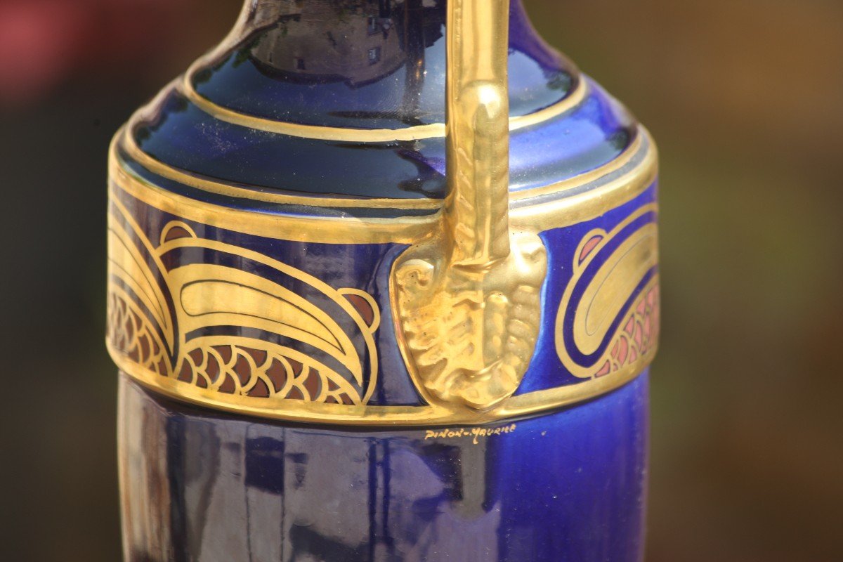 Art Deco Vase Signed Pinon Maurice Earthenware From Tours Blue Ceramic And Gold Sevres-photo-2