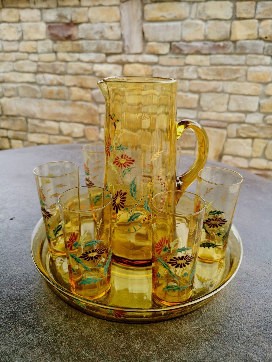 Legras Service A Biere Emaillé Decors Champetre Verre Art Nouveau