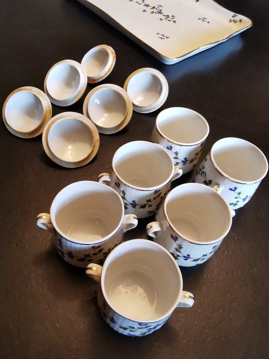 Porcelaine Vieux Paris Service  A Pots à Crème Marie Antoinette Decors Bleuet Avec Dorure -photo-3