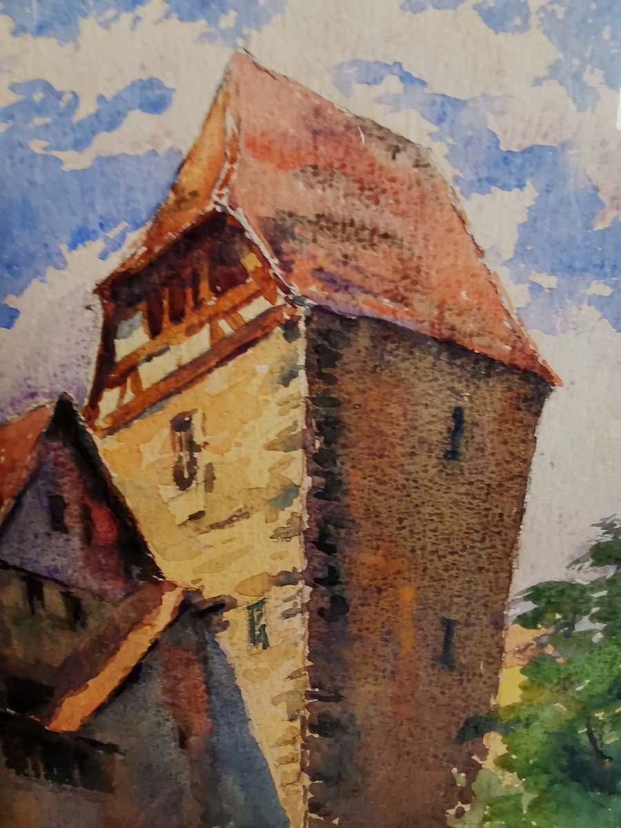 Emile Gudin Watercolor The Tower Of Thieves In Riquewihr Alsace Painting Haut Rhin-photo-2
