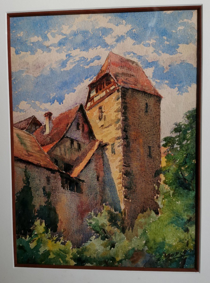 Emile Gudin Watercolor The Tower Of Thieves In Riquewihr Alsace Painting Haut Rhin-photo-3