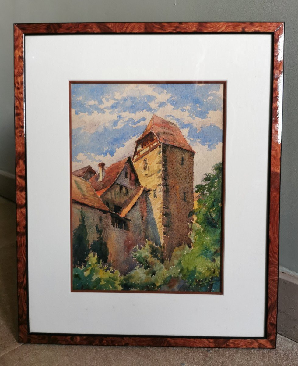 Emile Gudin Watercolor The Tower Of Thieves In Riquewihr Alsace Painting Haut Rhin