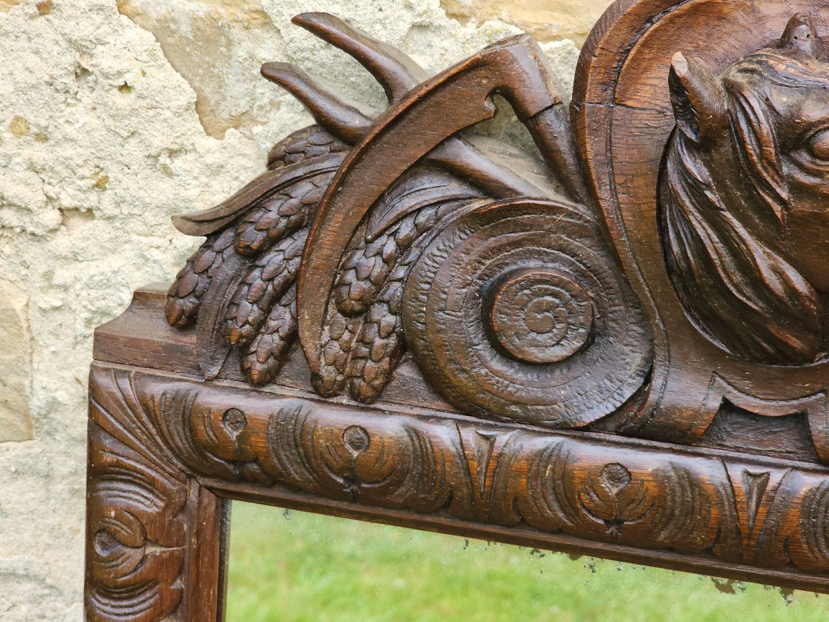 Miroir en bois sculpté fin 19 eme a decors fermier tete de cheval tonneau vigneron paysans-photo-3