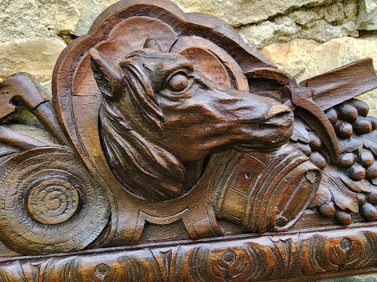 Miroir en bois sculpté fin 19 eme a decors fermier tete de cheval tonneau vigneron paysans-photo-1