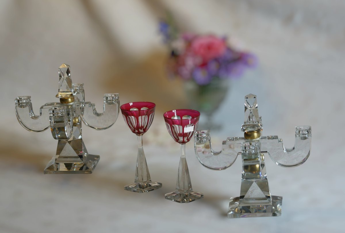 Baccarat Pair Of Candlesticks Stamped Attributed To Georges Chevalier 1947 La Tour Maubourg-photo-2