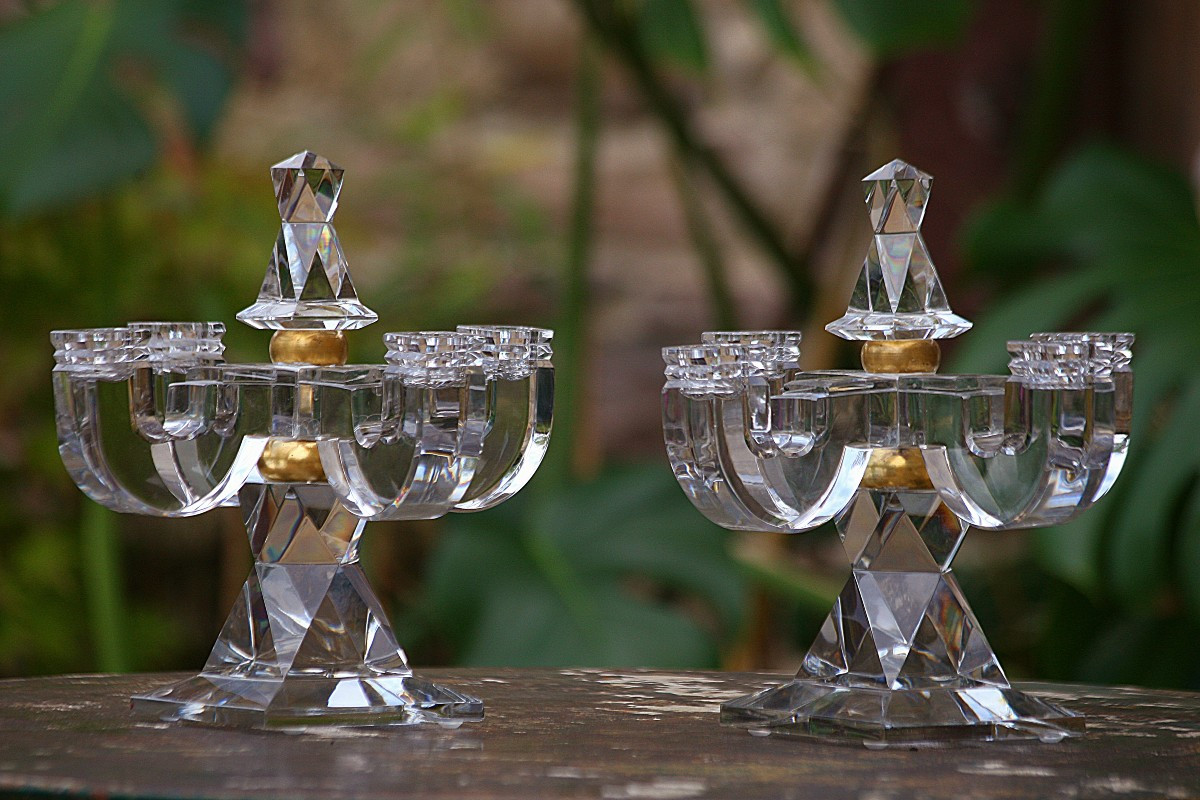 Baccarat Pair Of Candlesticks Stamped Attributed To Georges Chevalier 1947 La Tour Maubourg