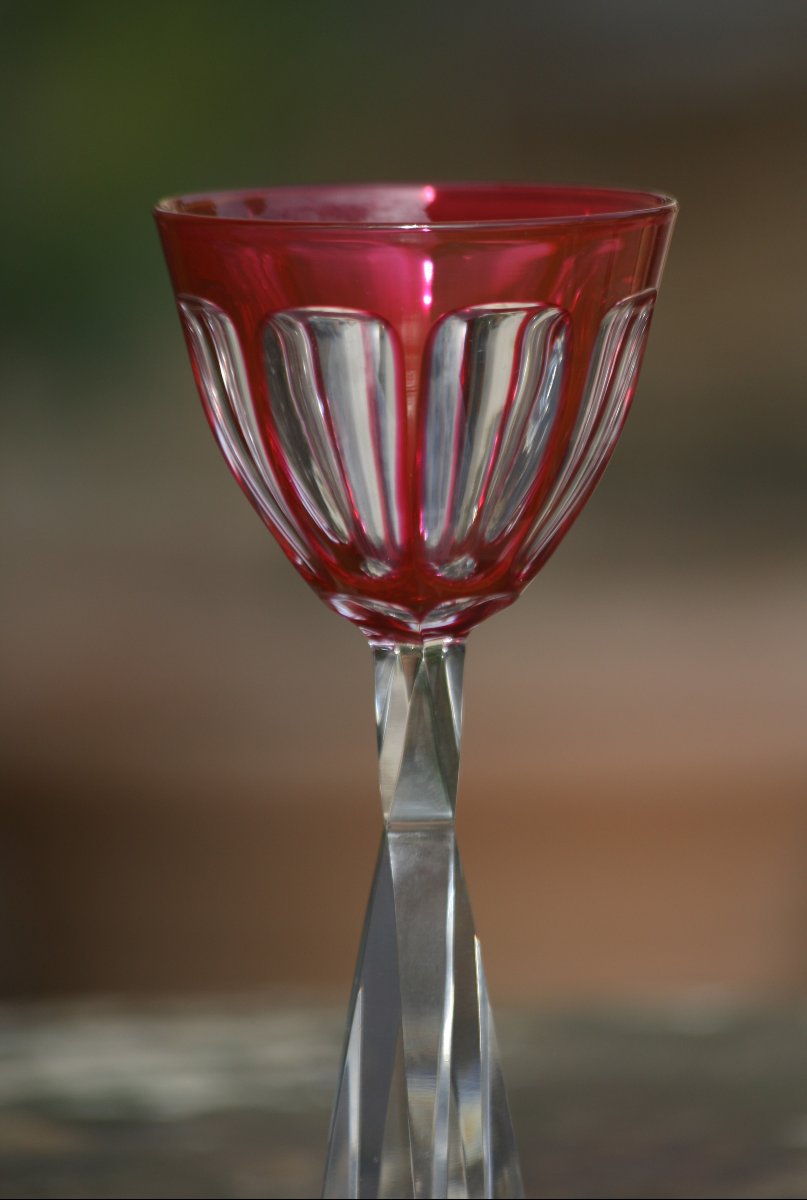 Baccarat Pair Of Red Overlay Crystal Glasses La Tour Maubourg 1944 H 19 Cm-photo-3