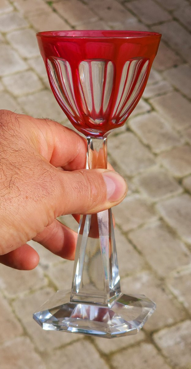 Baccarat Pair Of Red Overlay Crystal Glasses La Tour Maubourg 1944 H 19 Cm-photo-2