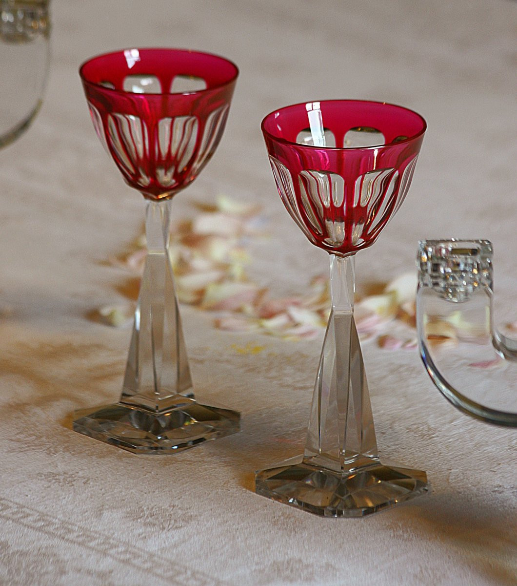 Baccarat Pair Of Red Overlay Crystal Glasses La Tour Maubourg 1944 H 19 Cm-photo-4