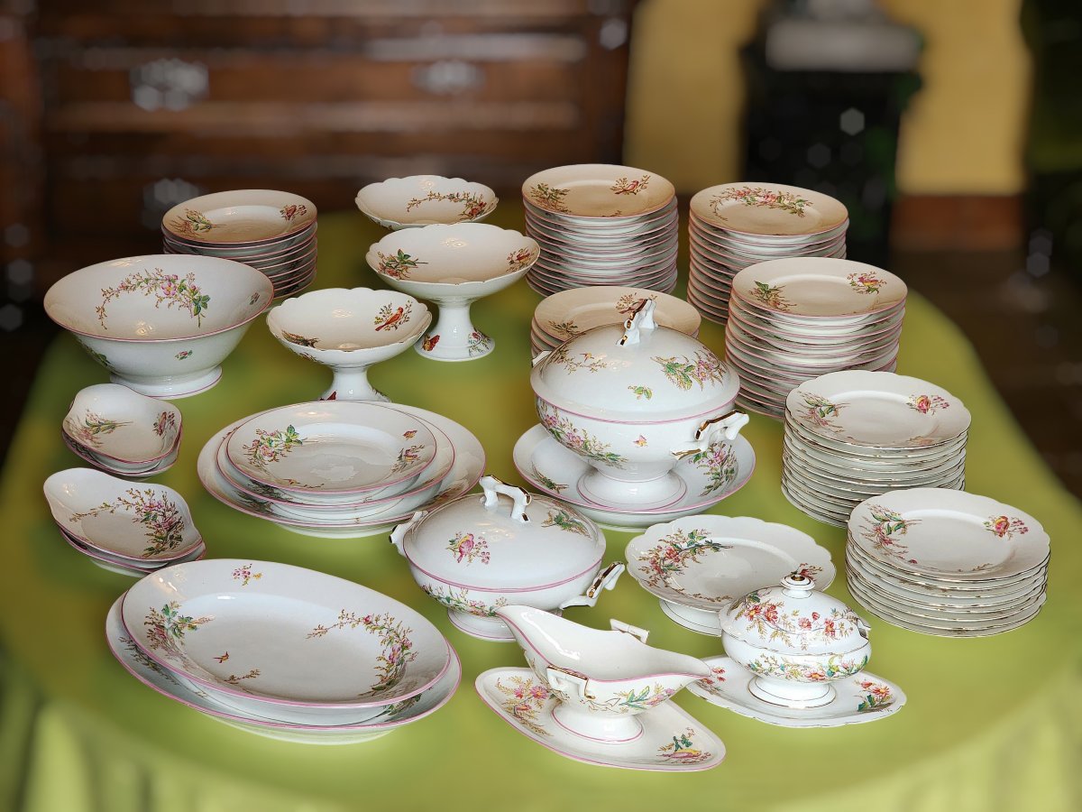 Porcelain Service Late 19th Napoleon III 89 Pieces Bird, Floral, Plant Decorations -photo-2