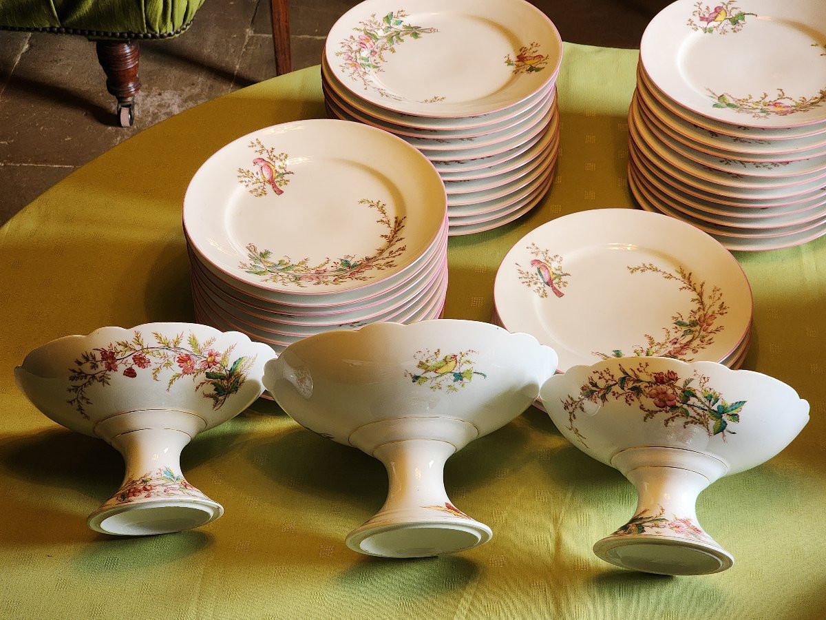 Porcelain Service Late 19th Napoleon III 89 Pieces Bird, Floral, Plant Decorations -photo-3