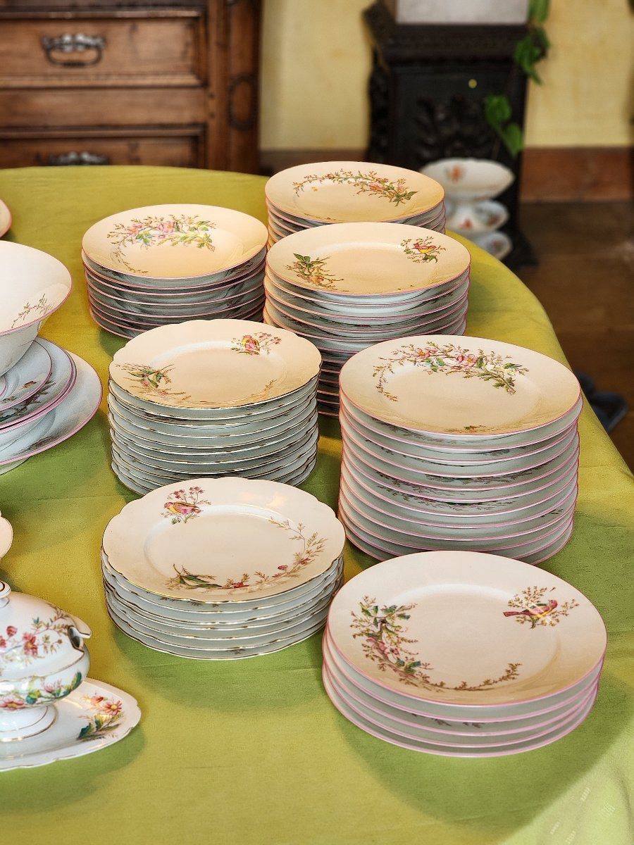 Porcelain Service Late 19th Napoleon III 89 Pieces Bird, Floral, Plant Decorations -photo-1