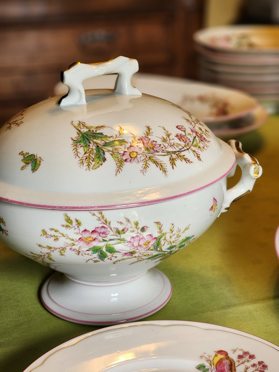 Porcelain Service Late 19th Napoleon III 89 Pieces Bird, Floral, Plant Decorations -photo-2