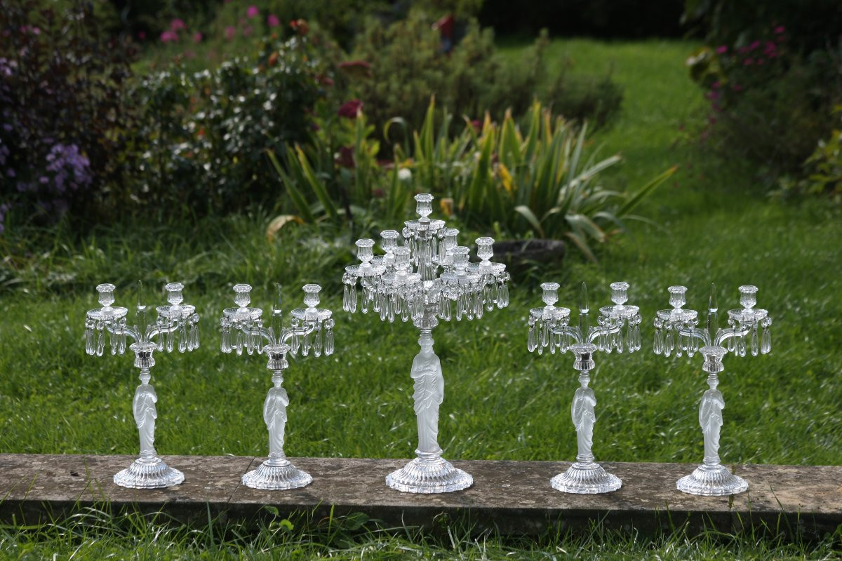 Baccarat Collection Of 5 Antique Baccarat Women's Candlesticks, The Model Of Which Has 7 Lights, Perfect Condition -photo-1
