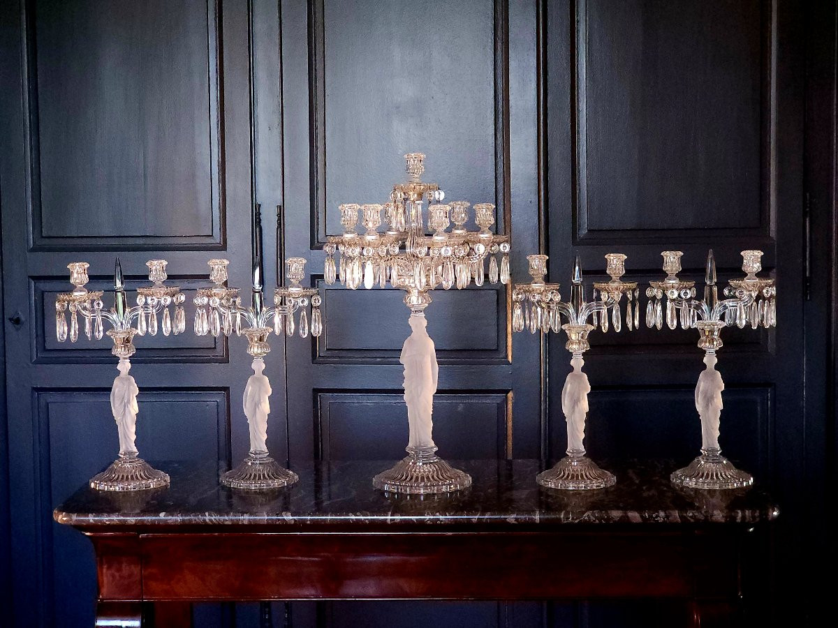 Baccarat Collection Of 5 Antique Baccarat Women's Candlesticks, The Model Of Which Has 7 Lights, Perfect Condition -photo-8
