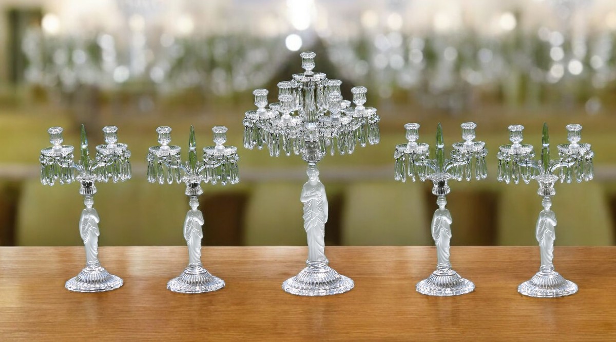 Baccarat Collection Of 5 Antique Baccarat Women's Candlesticks, The Model Of Which Has 7 Lights, Perfect Condition 