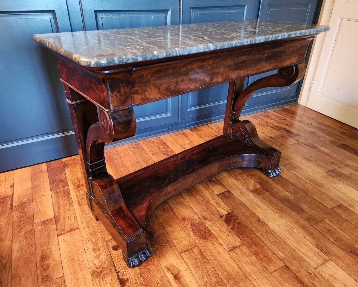 Grande console milieu XIX en placage d acajou flamme avec son marbre 130 cm tres bon etat-photo-4
