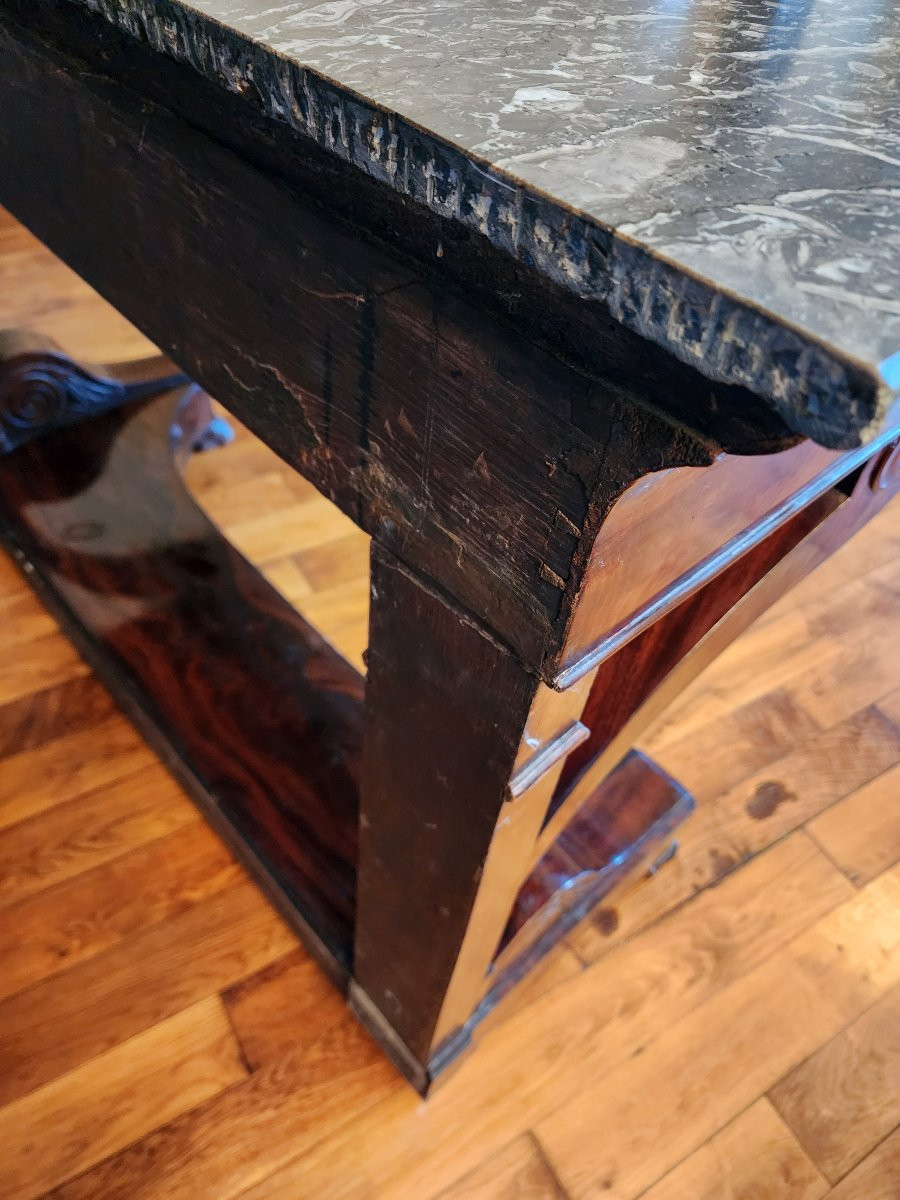 Grande console milieu XIX en placage d acajou flamme avec son marbre 130 cm tres bon etat-photo-1