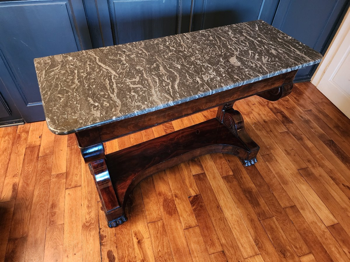 Grande console milieu XIX en placage d acajou flamme avec son marbre 130 cm tres bon etat-photo-2