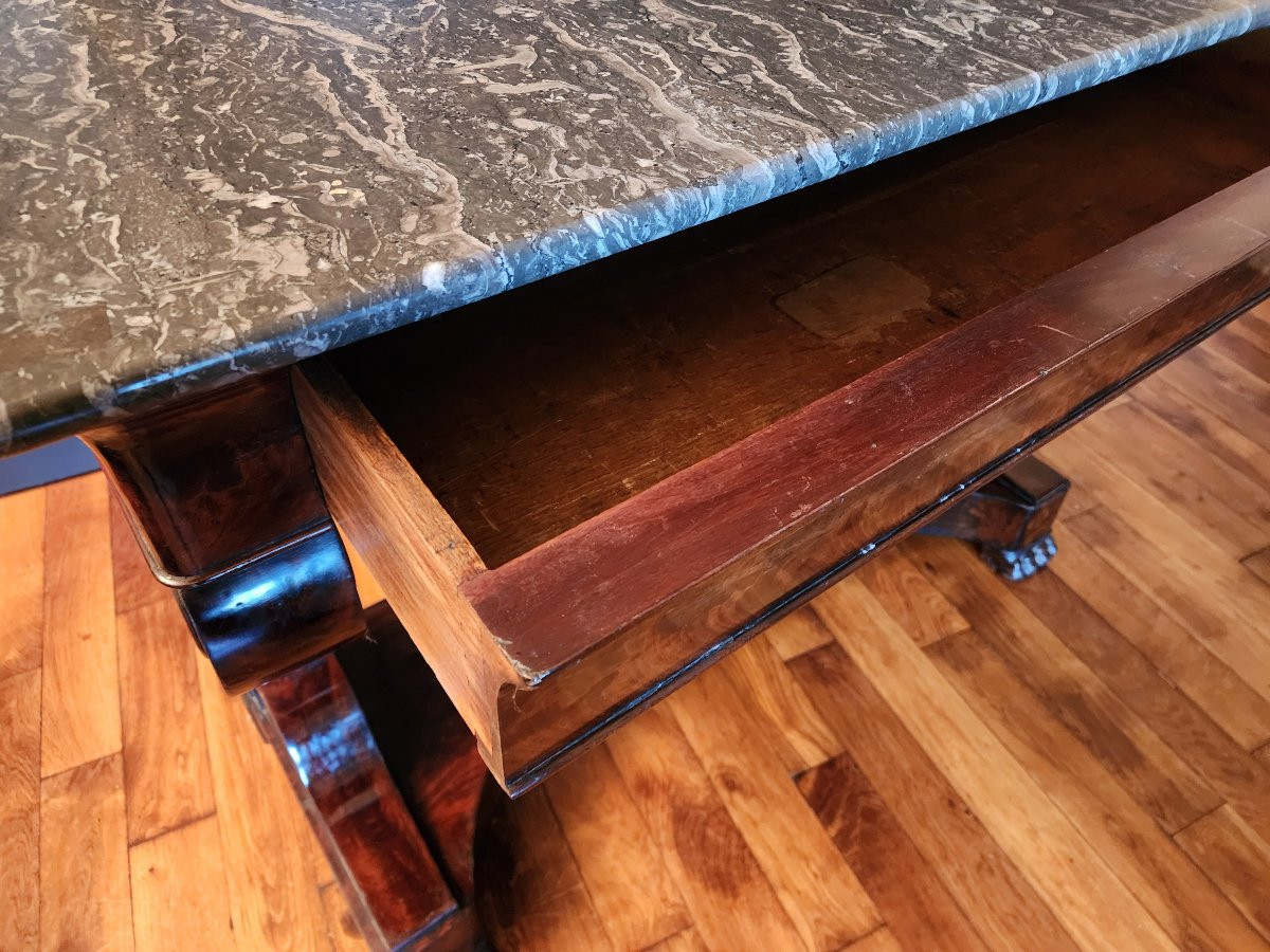 Grande console milieu XIX en placage d acajou flamme avec son marbre 130 cm tres bon etat-photo-3