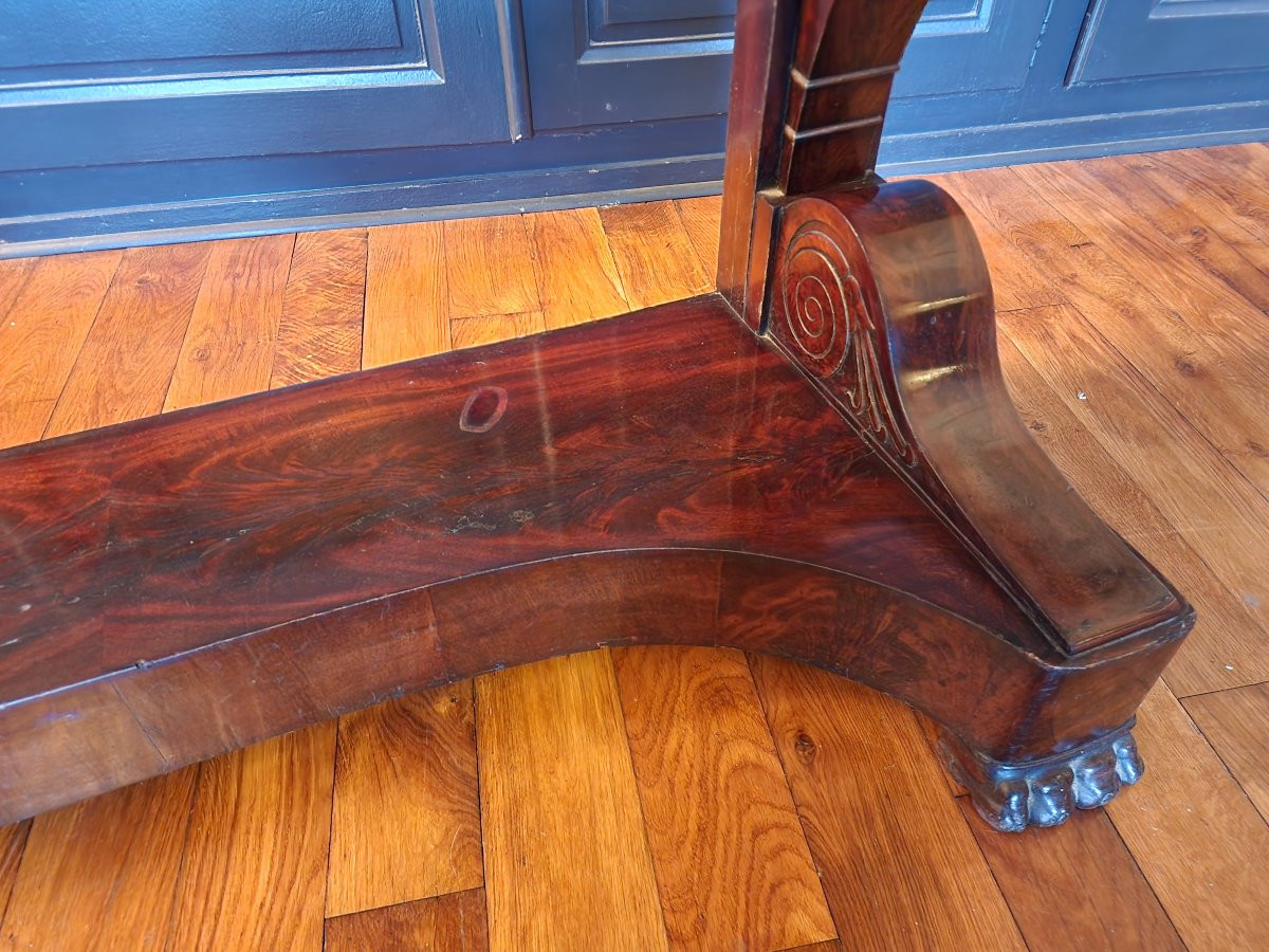 Grande console milieu XIX en placage d acajou flamme avec son marbre 130 cm tres bon etat-photo-4