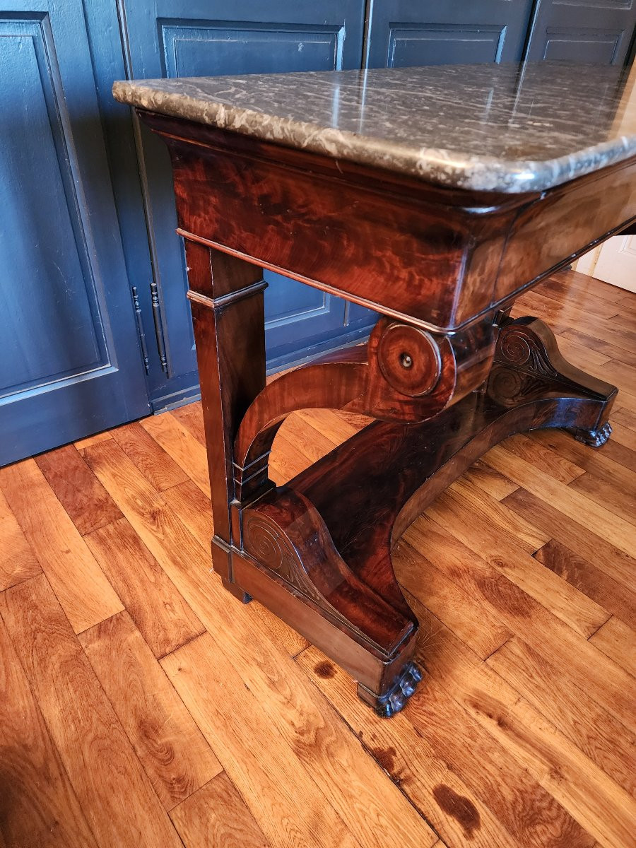 Grande console milieu XIX en placage d acajou flamme avec son marbre 130 cm tres bon etat-photo-5