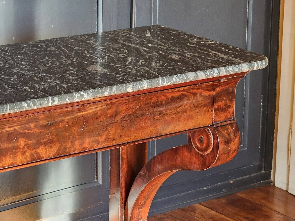 Grande console milieu XIX en placage d acajou flamme avec son marbre 130 cm tres bon etat-photo-6