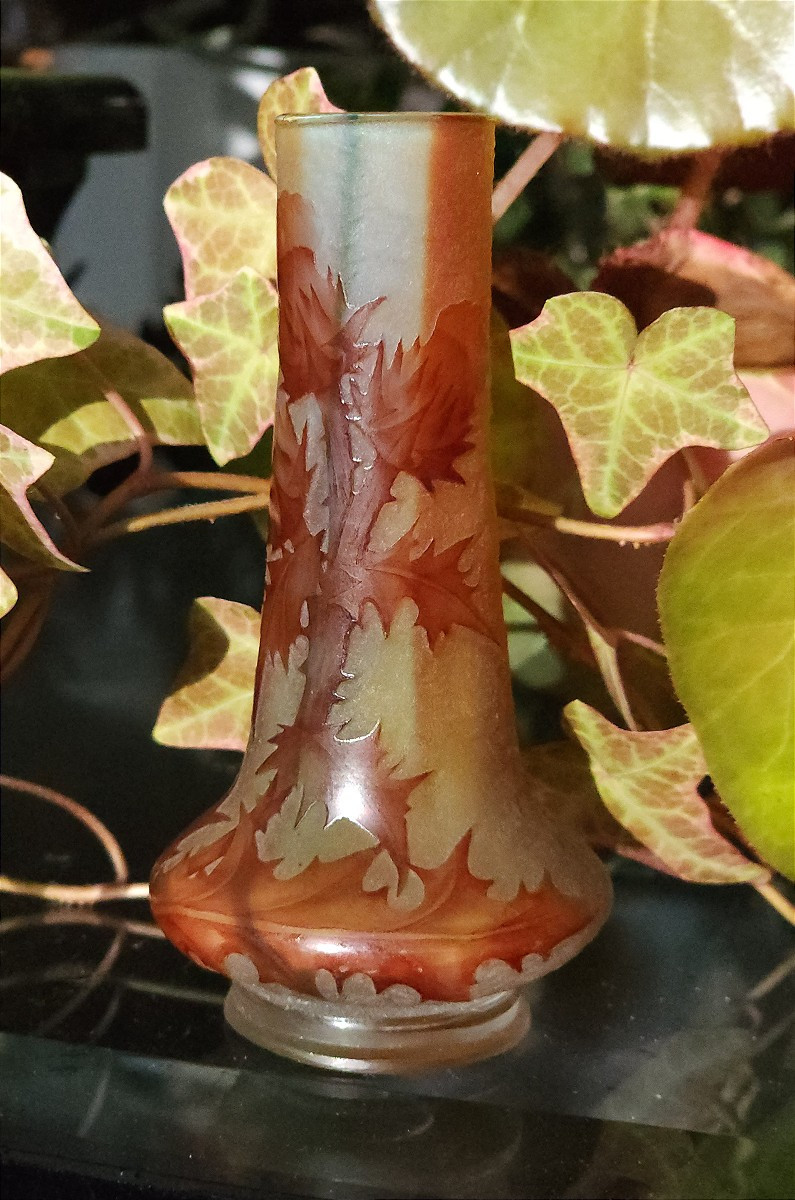 Daum Nancy Vase, Art Nouveau Period, Decorated With Lorraine Thistles, Acid-etched, 11.5 Cm 