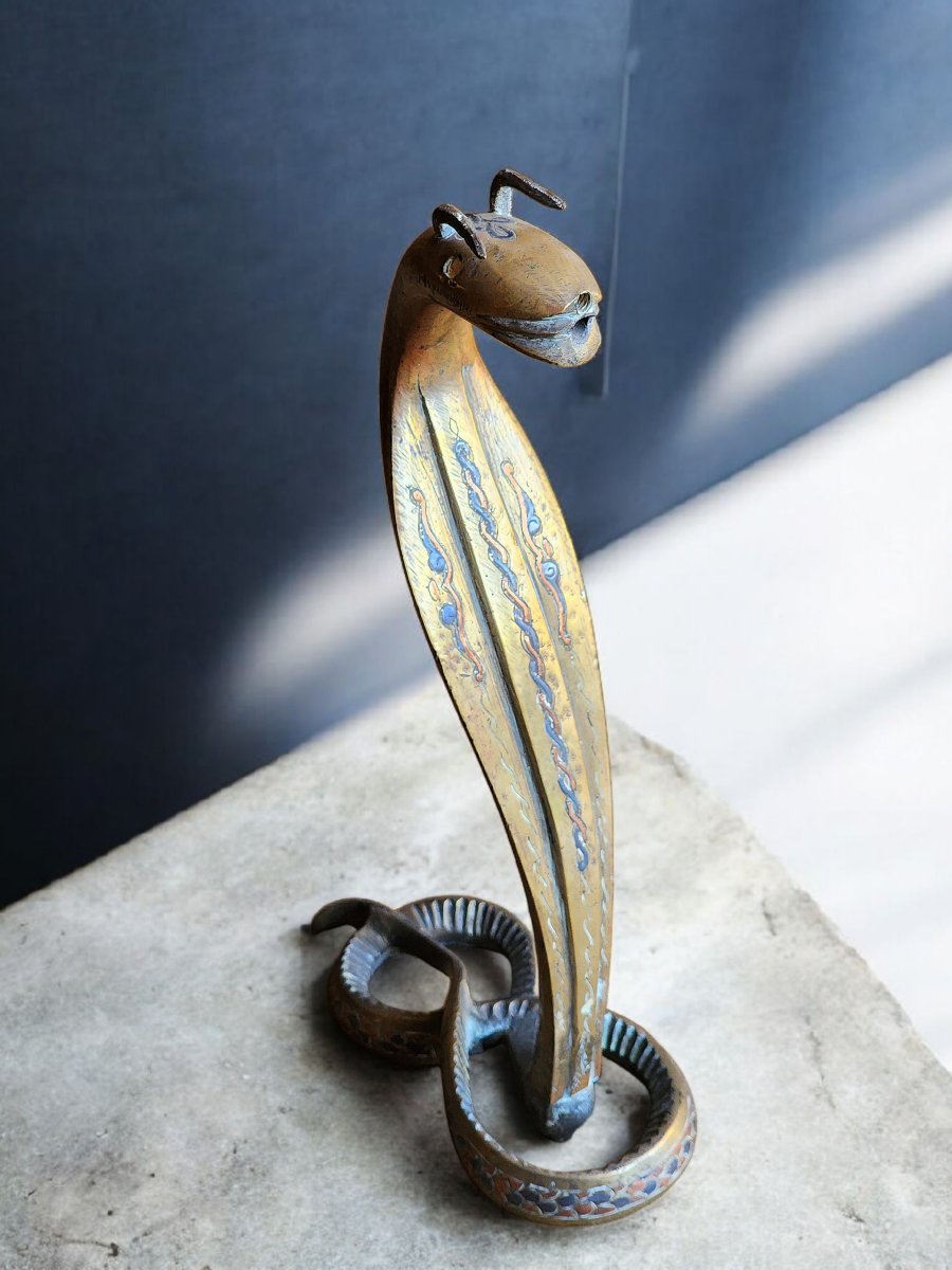 Oriental Zoomorphic Lamp Base With Cobra Decoration In Bronze, Likely 19th Century -photo-2