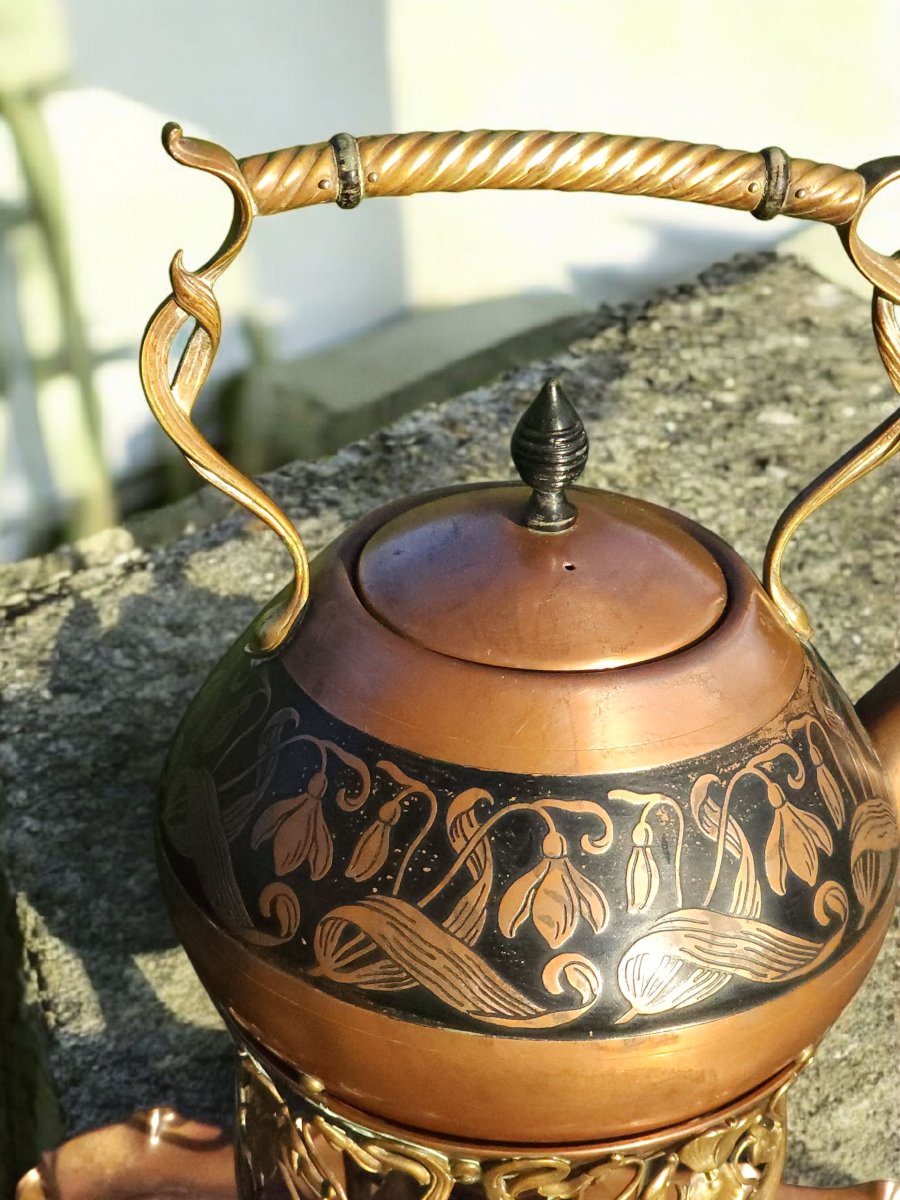 Carl Deffner Art Nouveau Jugendstil Copper Kettle With Tray-photo-4