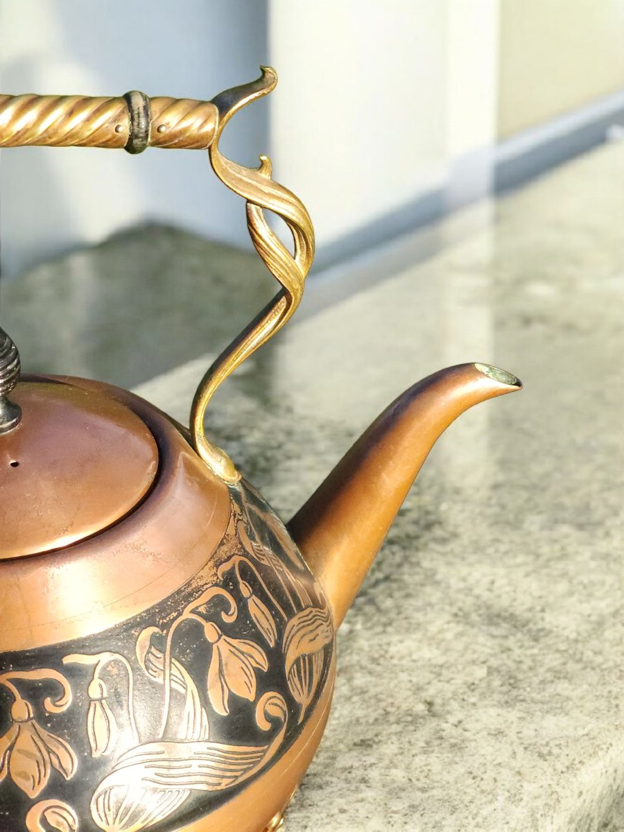 Carl Deffner Art Nouveau Jugendstil Copper Kettle With Tray-photo-2