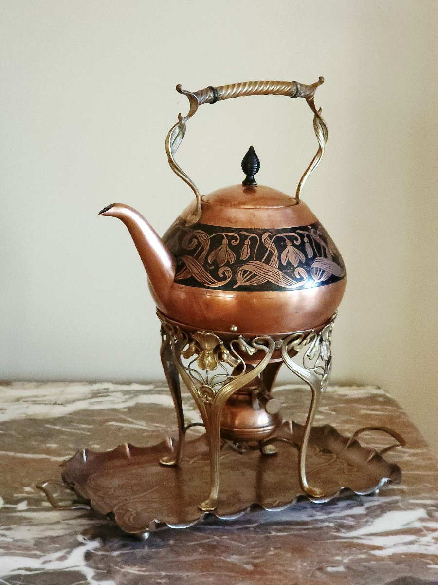 Carl Deffner Art Nouveau Jugendstil Copper Kettle With Tray-photo-6