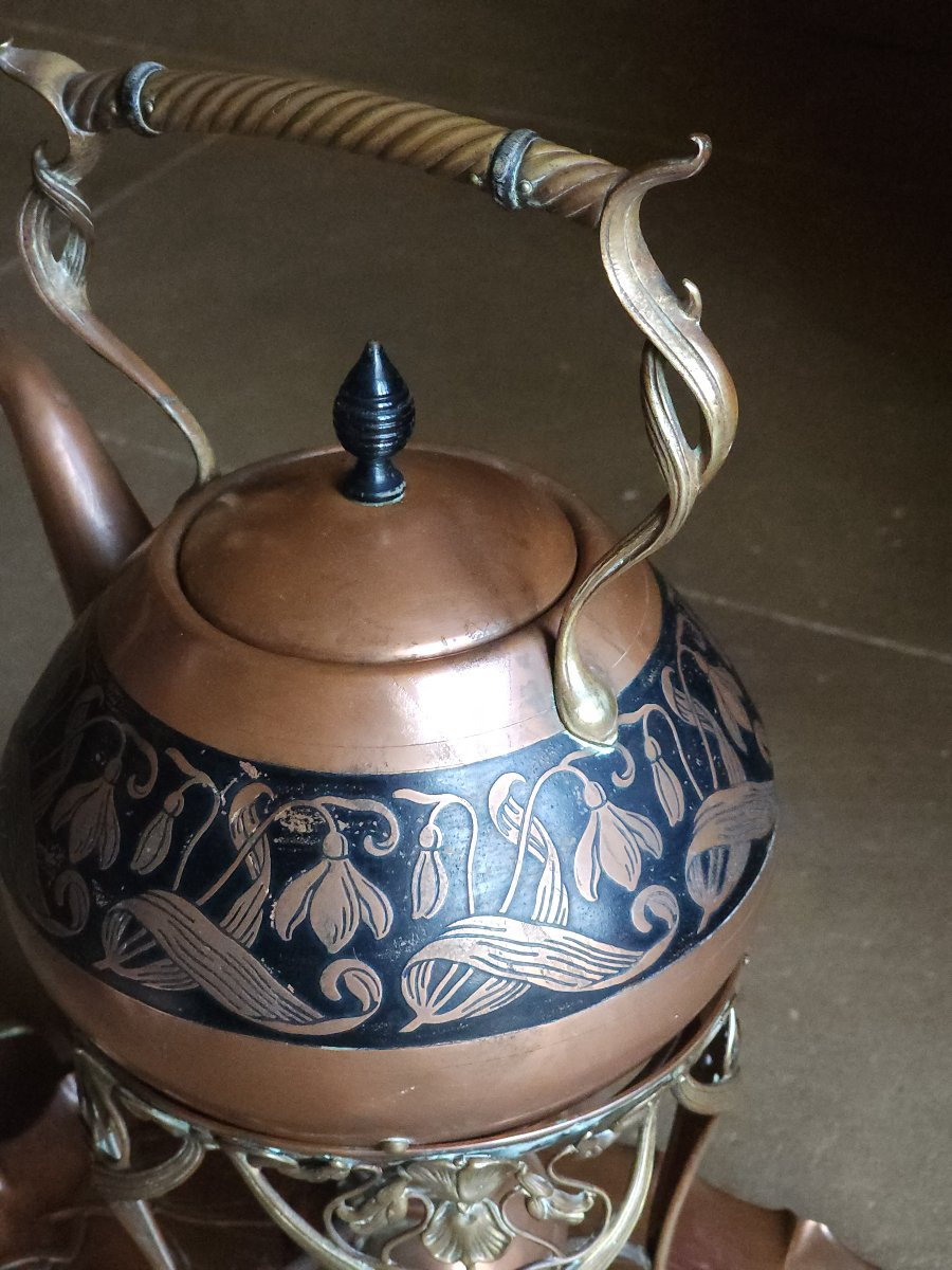 Carl Deffner Art Nouveau Jugendstil Copper Kettle With Tray-photo-8