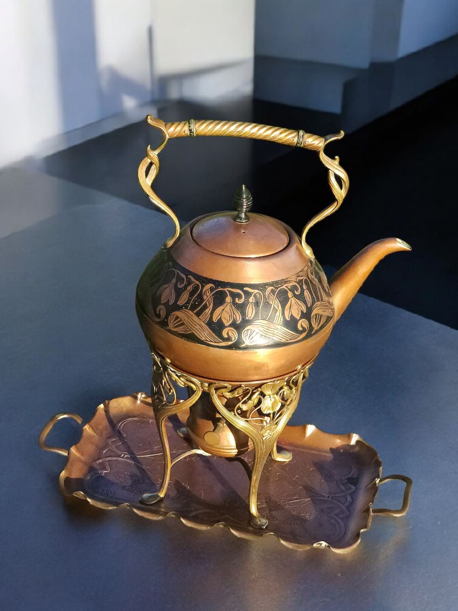 Carl Deffner Art Nouveau Jugendstil Copper Kettle With Tray