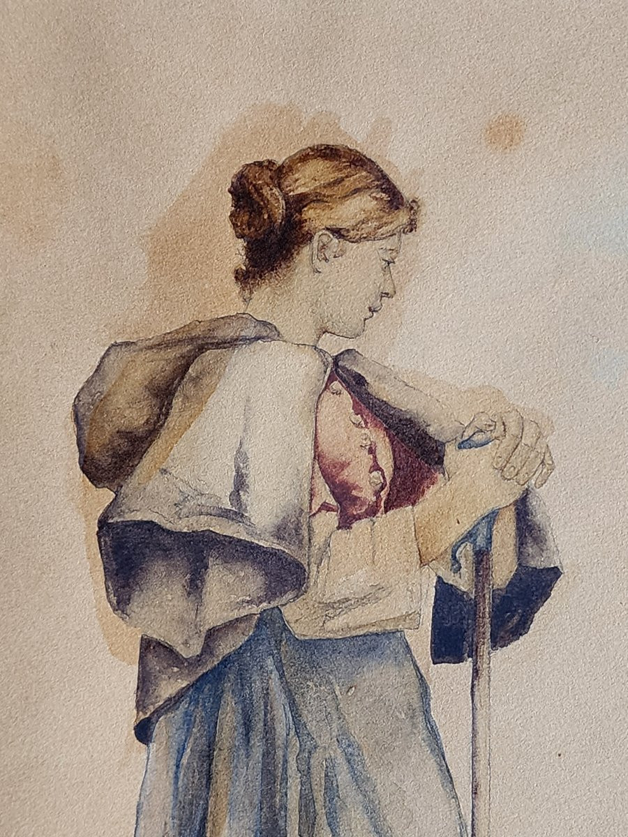 Emile Munier Watercolor Circa 1870 Young Woman Painting 19th Century-photo-4