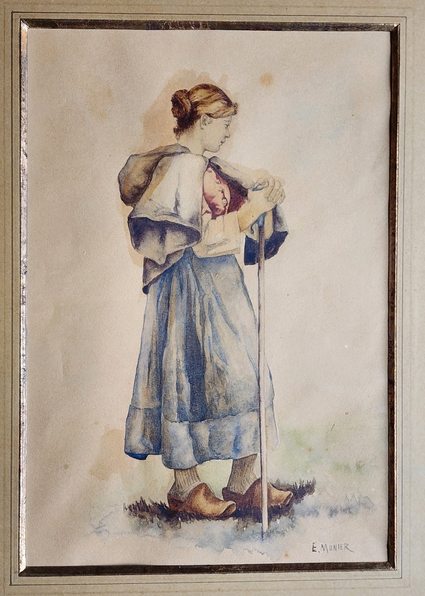 Emile Munier Watercolor Circa 1870 Young Woman Painting 19th Century