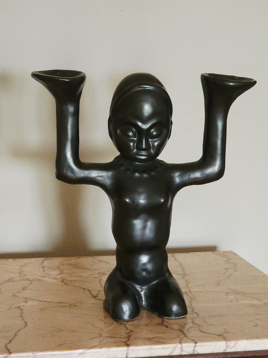 Hélène Ugo Vallauris African Candlestick In Black Ceramic -photo-3