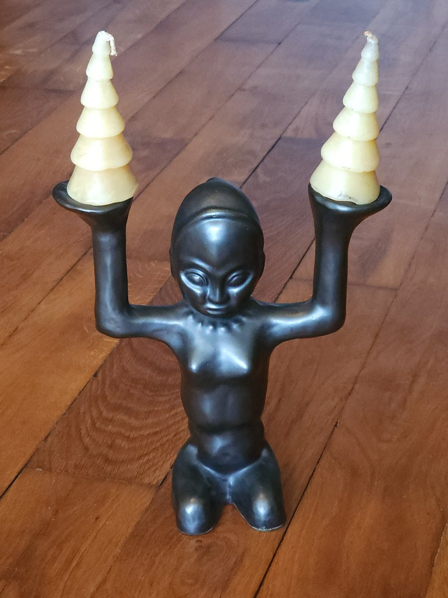 Hélène Ugo Vallauris African Candlestick In Black Ceramic -photo-3