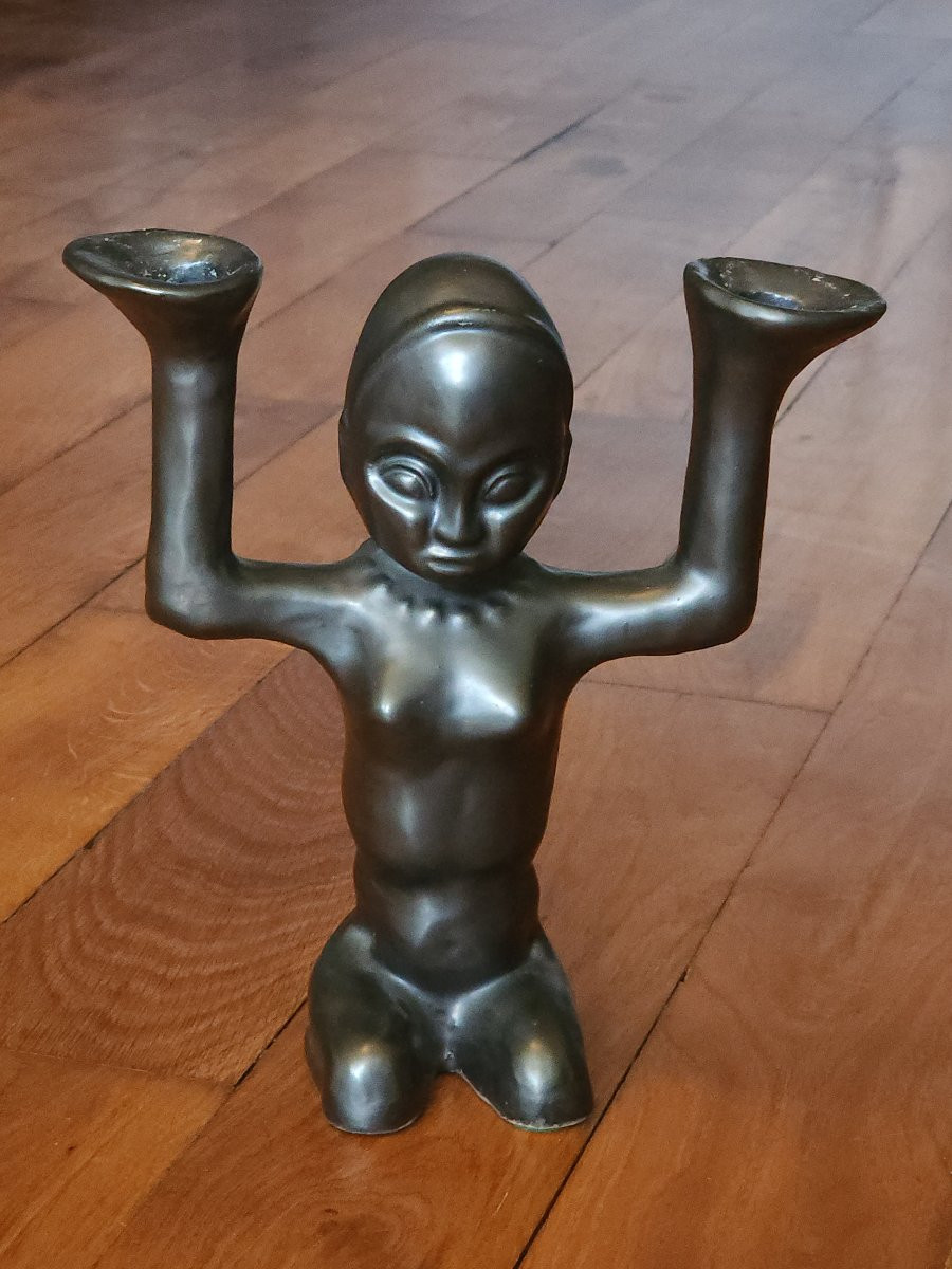 Hélène Ugo Vallauris African Candlestick In Black Ceramic -photo-5