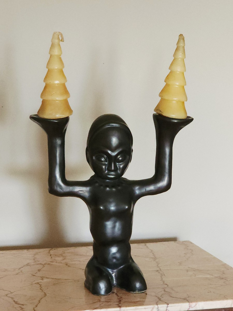 Hélène Ugo Vallauris African Candlestick In Black Ceramic 