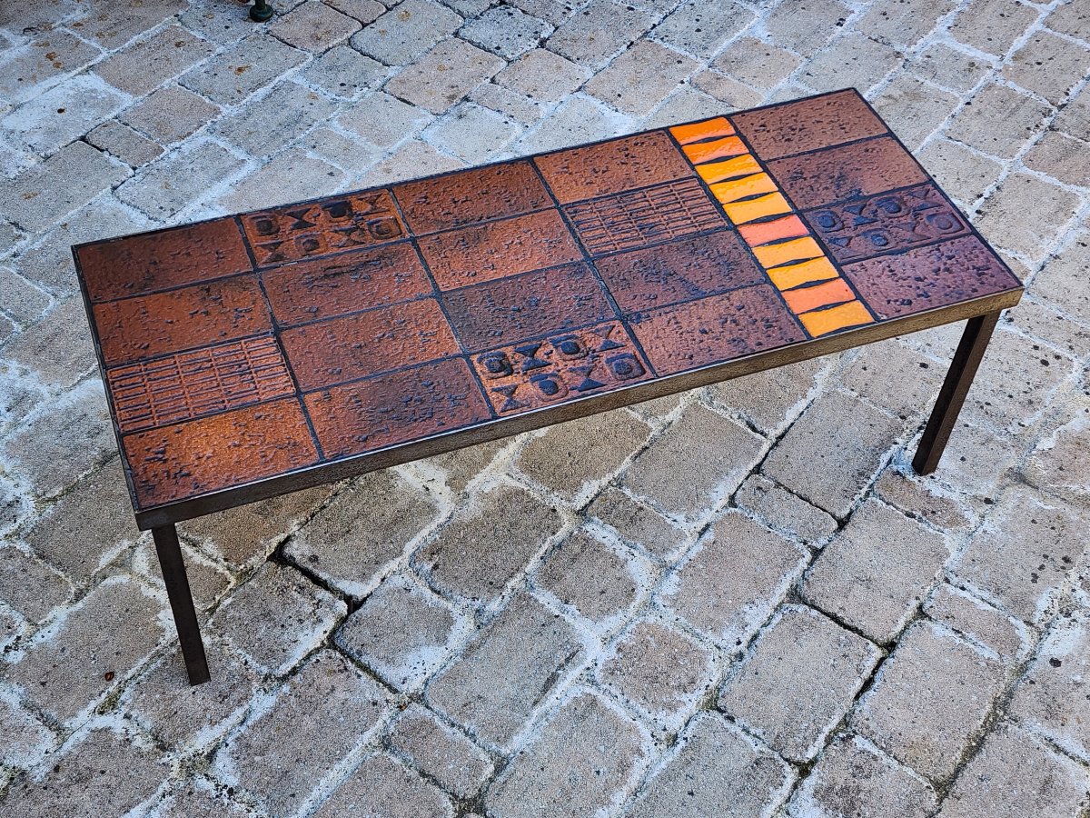 Table basse jean Jaffeux  vers 1970 en carreaux en céramique -photo-3