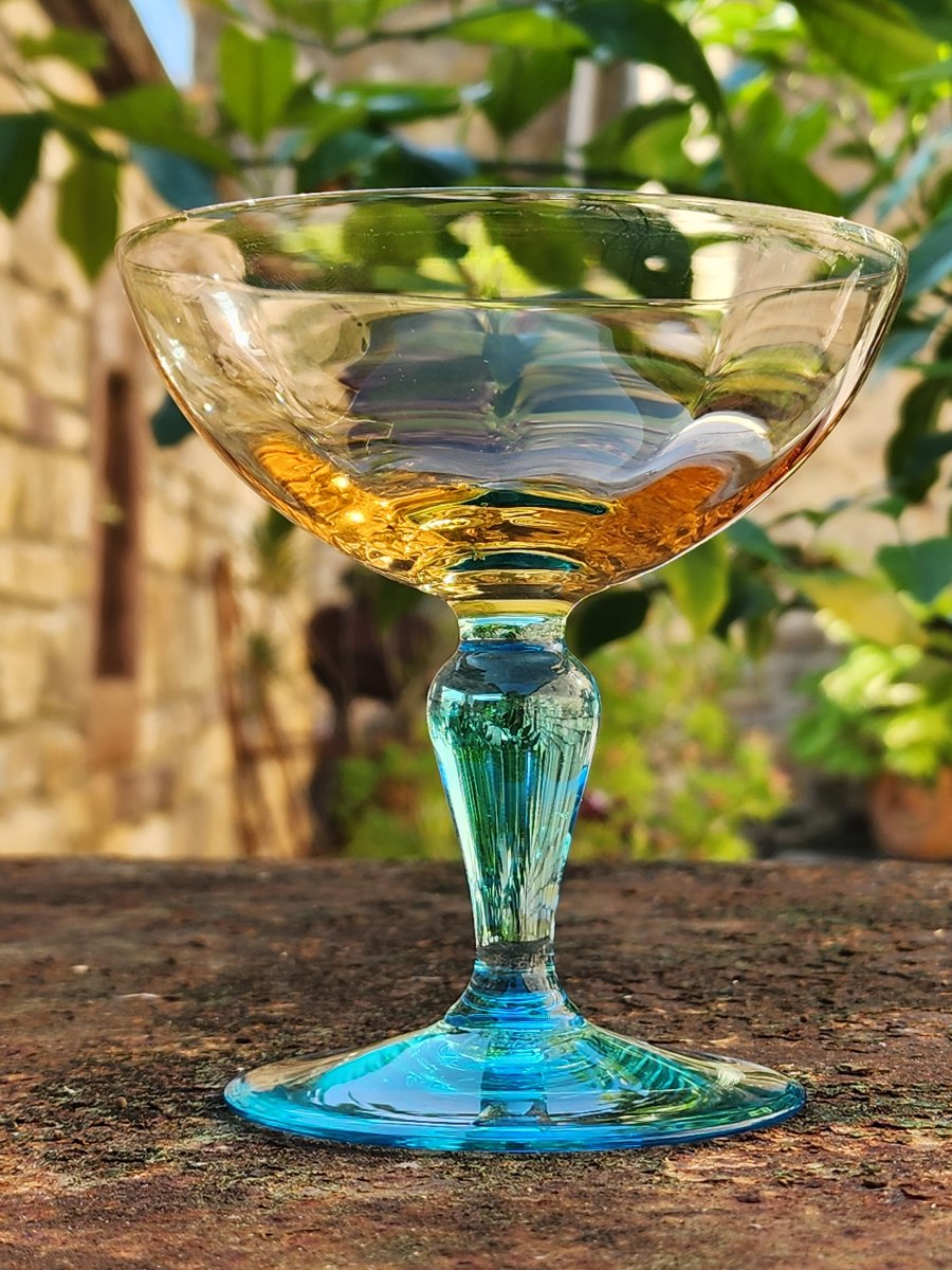 6 Portieux Georges Sand Crystal Champagne Glasses, Signed-photo-3