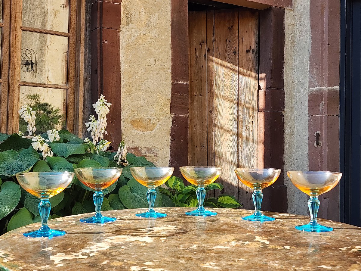 6 Portieux Georges Sand Crystal Champagne Glasses, Signed