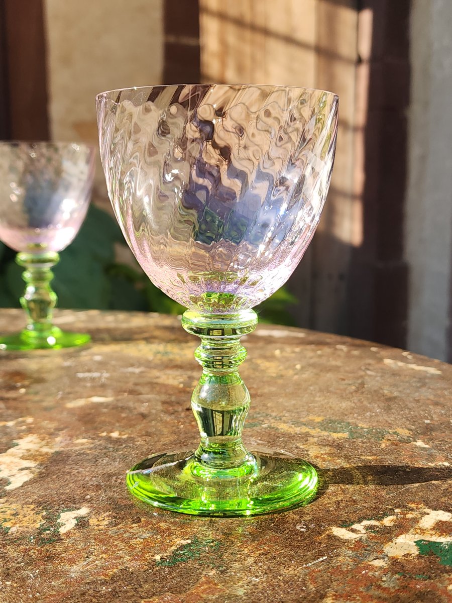 6 Verres à eau portieux modèle Palmyre rose et vert  Estampillé -photo-3
