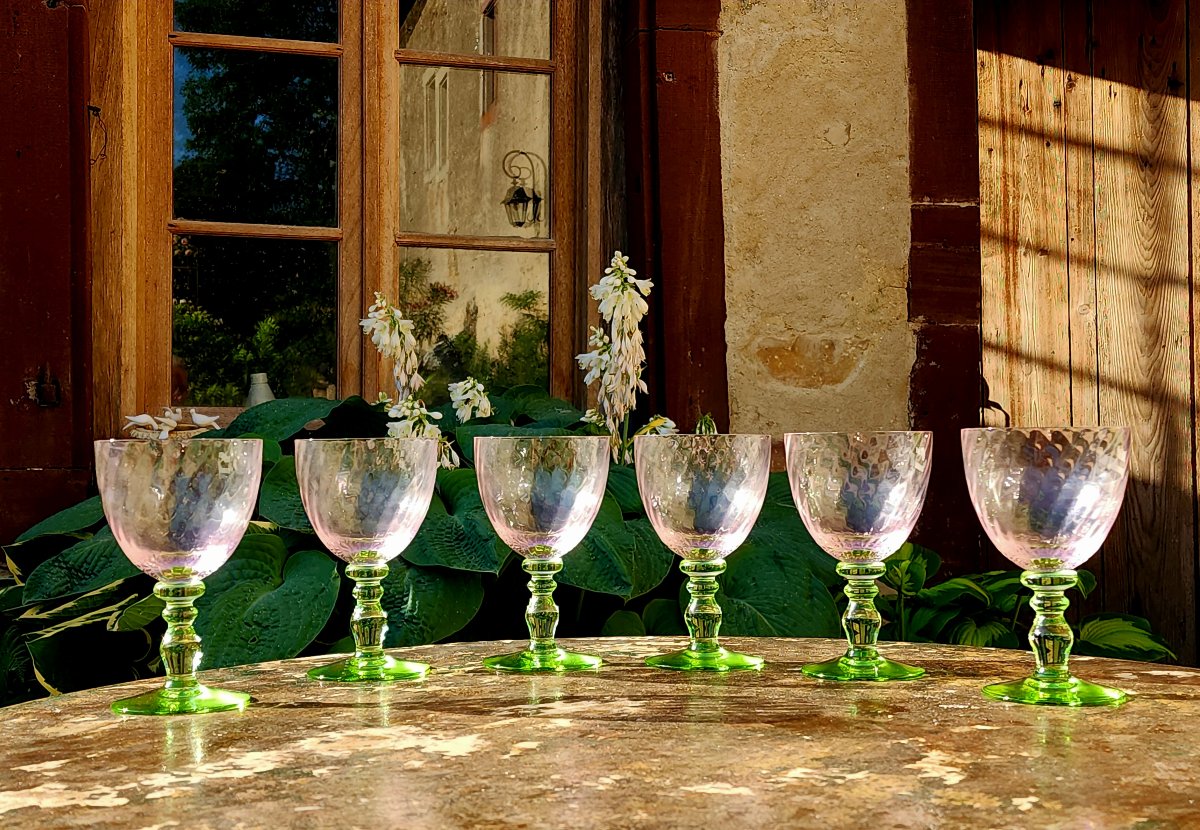 6 Verres à eau portieux modèle Palmyre rose et vert  Estampillé 