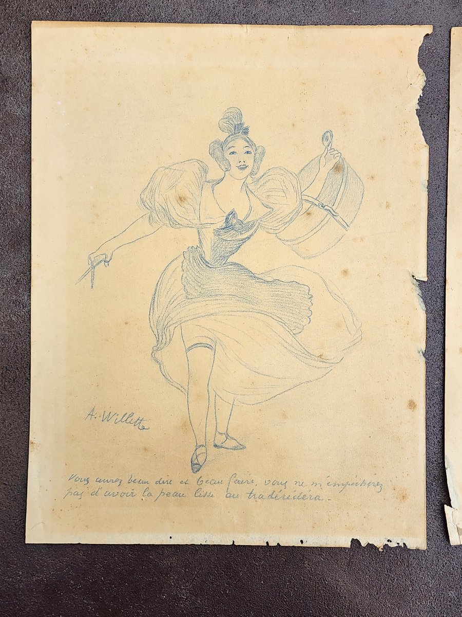 Adolphe WILLETTE 2 DESSINS ENCRE BLEU ART NOUVEAU -photo-2