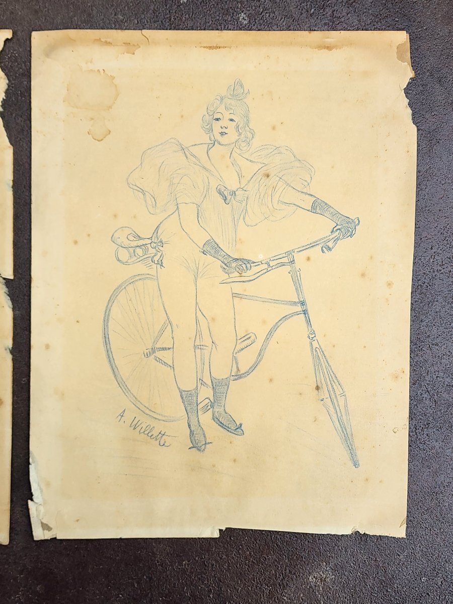 Adolphe WILLETTE 2 DESSINS ENCRE BLEU ART NOUVEAU -photo-5