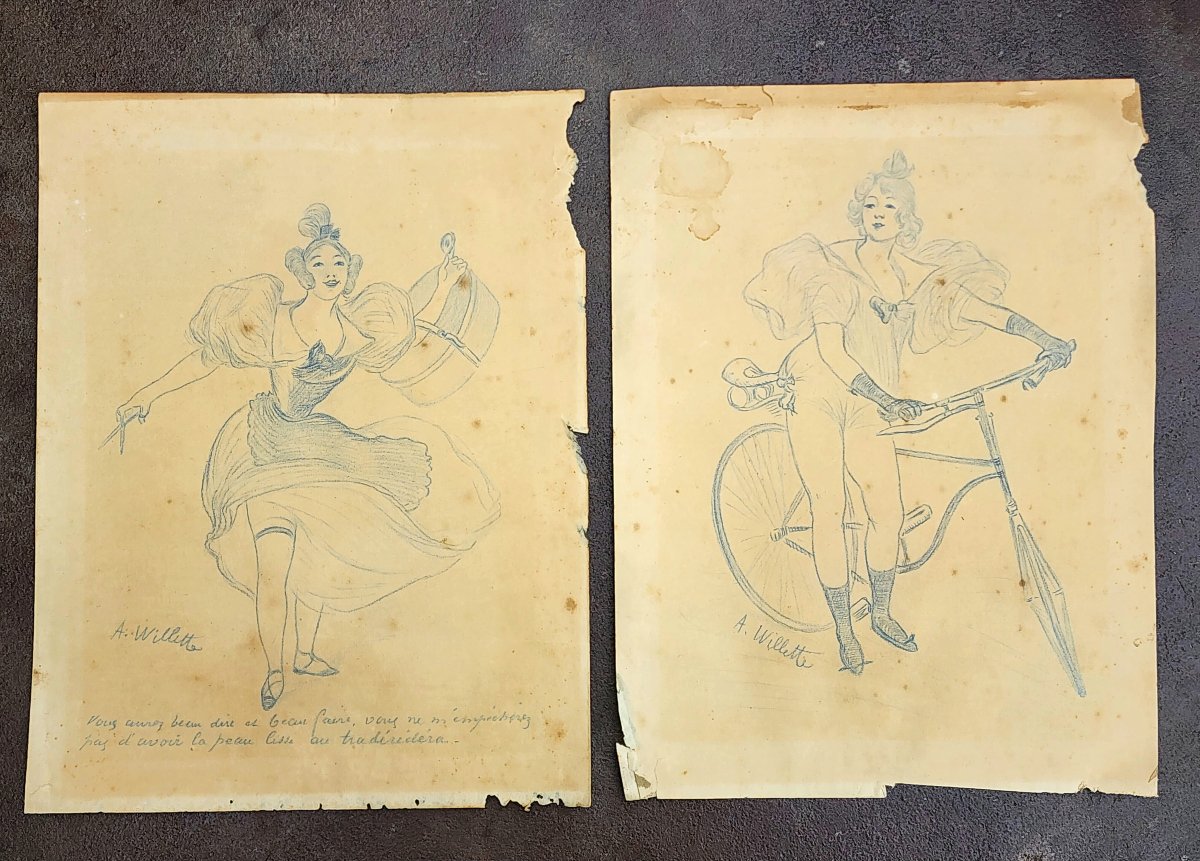 Adolphe WILLETTE 2 DESSINS ENCRE BLEU ART NOUVEAU 
