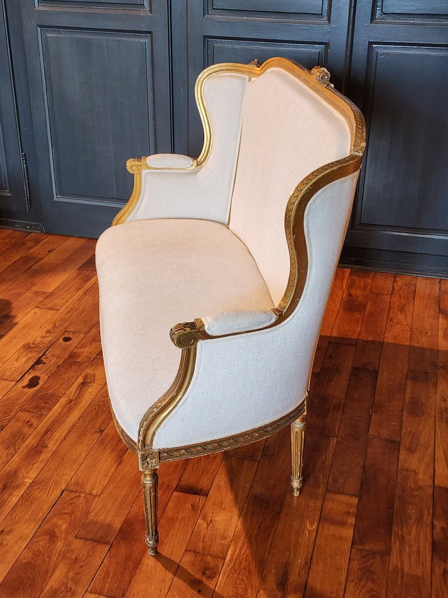 Banquette de style Louis XVI en bois doré tissus aspect velour écru -photo-2